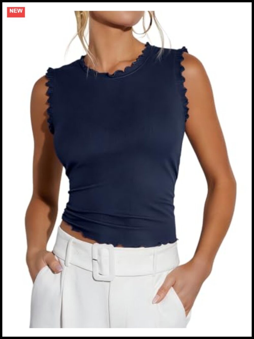 Women's Rib Knit Sleeveless Tank Top Ruffle Summer Blouse Cropped